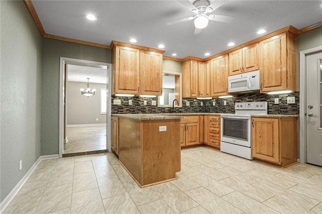 kitchen featuring baseboards, white appliances, tasteful backsplash, and crown molding