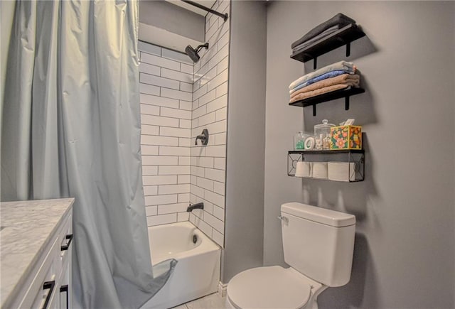 bathroom with shower / bathtub combination with curtain, toilet, and vanity