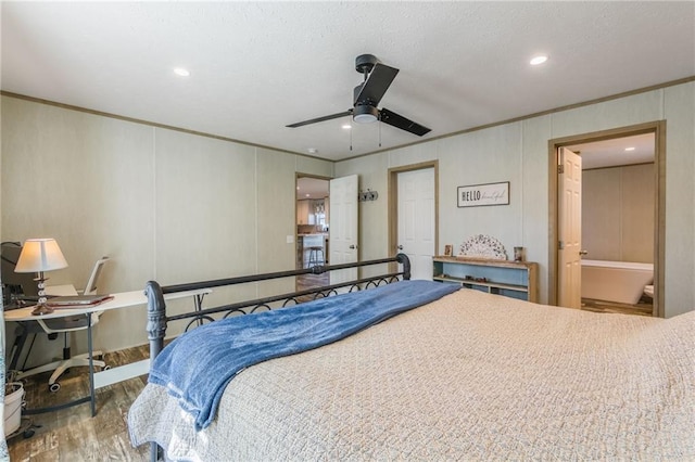 bedroom with ceiling fan, recessed lighting, wood finished floors, and crown molding