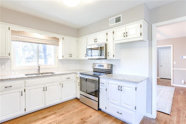 kitchen featuring visible vents, light wood-style flooring, stainless steel appliances, white cabinetry, and a sink