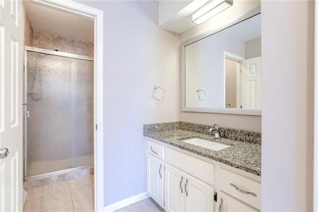 full bathroom with a shower stall, tile patterned flooring, and vanity