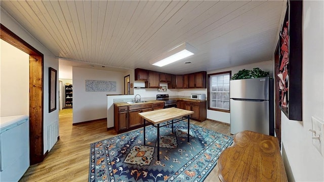 kitchen featuring wood ceiling, light wood-style flooring, stainless steel appliances, and a sink