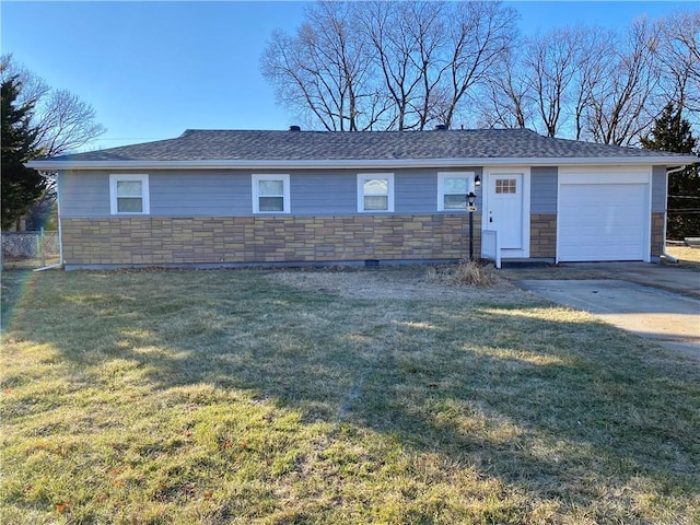 ranch-style house with a front lawn, stone siding, driveway, and an attached garage