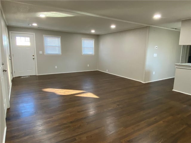 interior space with dark wood-style floors and recessed lighting