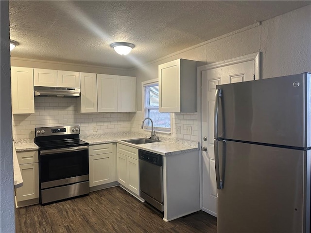 kitchen with dark wood-style floors, stainless steel appliances, a sink, and under cabinet range hood