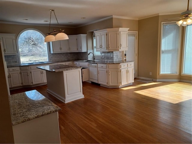 kitchen featuring dark wood-style floors, white dishwasher, and white cabinets