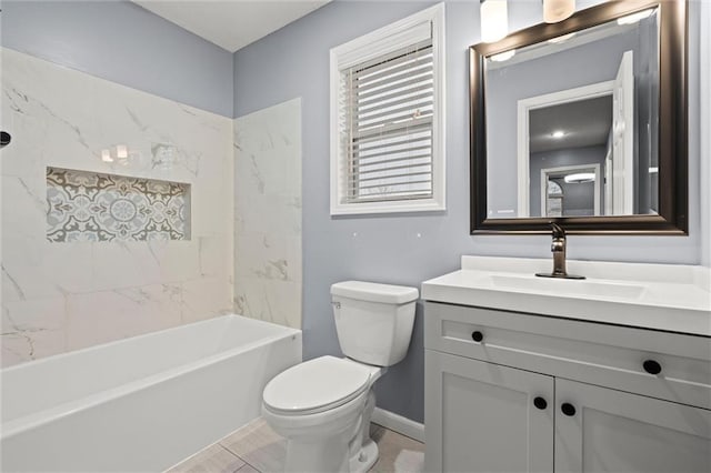 bathroom featuring washtub / shower combination, baseboards, vanity, and toilet