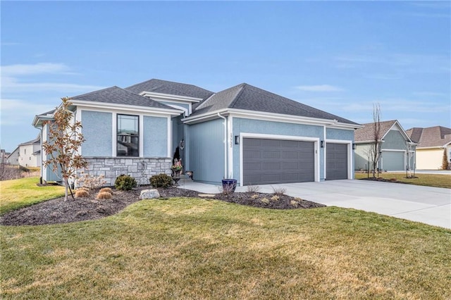 view of front of property with a garage, stone siding, roof with shingles, and a front lawn