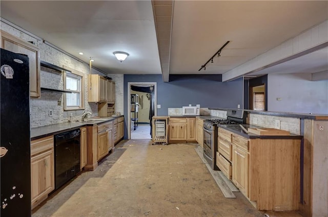 kitchen featuring white microwave, a sink, black dishwasher, stainless steel gas stove, and light brown cabinetry