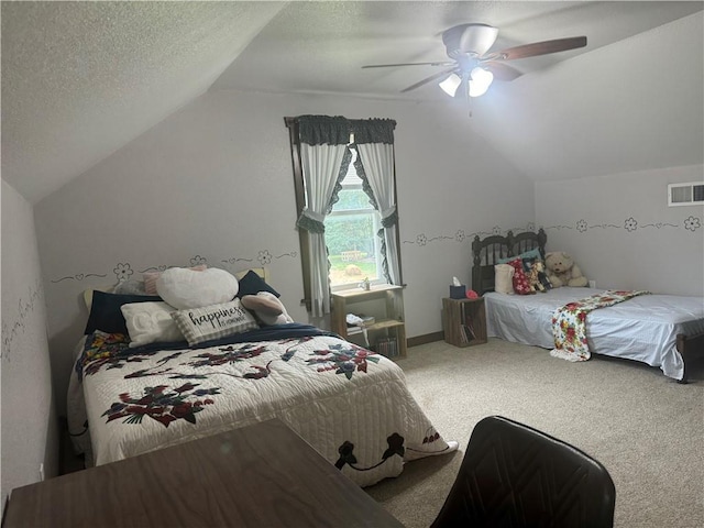 bedroom featuring visible vents, a textured ceiling, carpet, ceiling fan, and vaulted ceiling