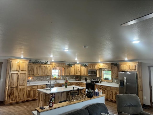 kitchen featuring dark wood finished floors, a kitchen island with sink, a sink, stainless steel appliances, and light countertops