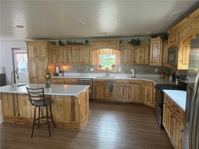 kitchen featuring light countertops, dark wood-type flooring, appliances with stainless steel finishes, and a sink