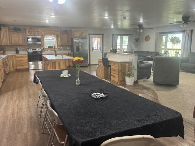 interior space with a sink, plenty of natural light, a center island with sink, and stainless steel appliances