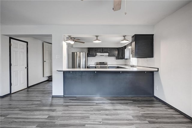 511 N E Ave, Columbus, KS 66725 - kitchen with appliances with stainless steel finishes, a ceiling fan, wood finished floors, and under cabinet range hood