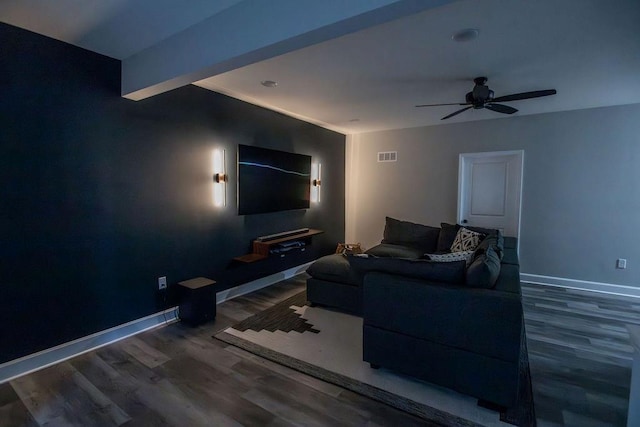 home theater with visible vents, wood finished floors, a ceiling fan, and baseboards