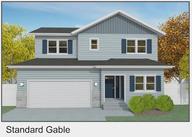 view of front of property featuring an attached garage, stone siding, fence, and board and batten siding