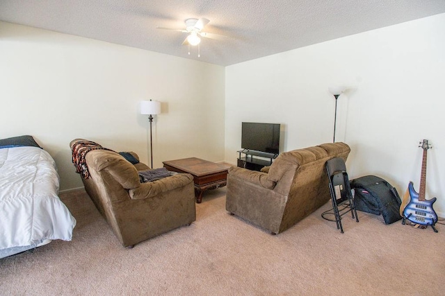 living area with a textured ceiling and light carpet