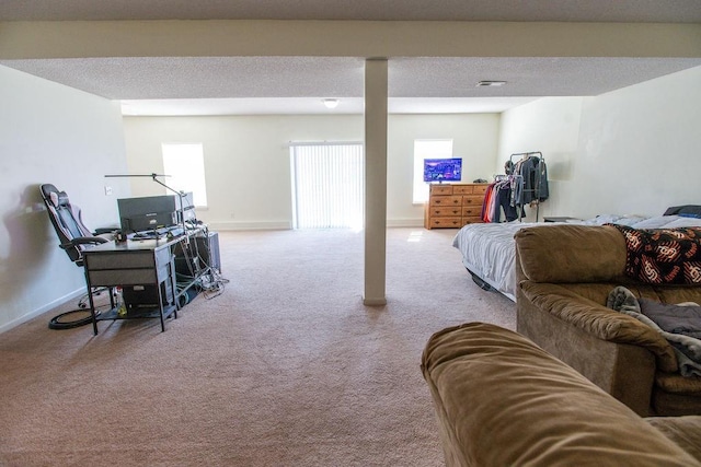 interior space featuring baseboards, carpet floors, and a textured ceiling