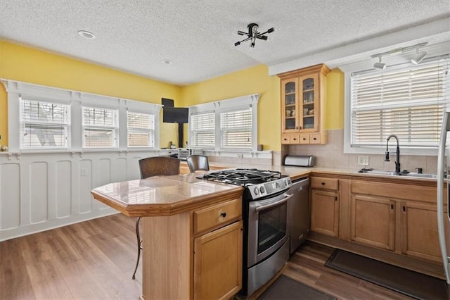 3820 Virginia Ave, Kansas City, MO 64109 - kitchen featuring a peninsula, a sink, dark wood finished floors, appliances with stainless steel finishes, and a wealth of natural light