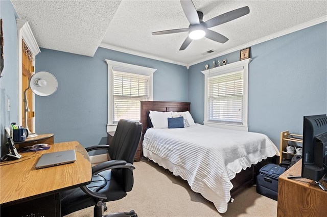 3820 Virginia Ave, Kansas City, MO 64109 - carpeted bedroom featuring a textured ceiling, multiple windows, crown molding, a desk, and a ceiling fan