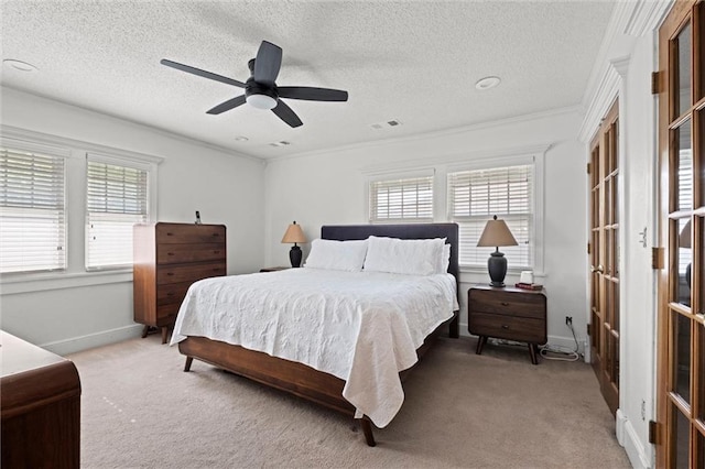 3820 Virginia Ave, Kansas City, MO 64109 - bedroom with light carpet, multiple windows, baseboards, a ceiling fan, and ornamental molding