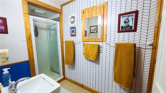 bathroom with tile patterned floors, visible vents, a stall shower, a sink, and wallpapered walls