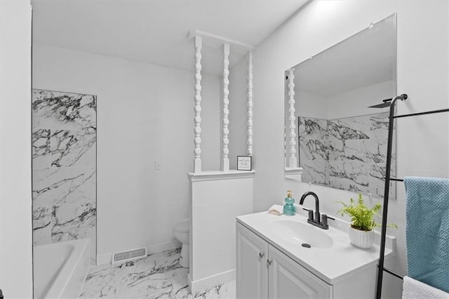 bathroom featuring vanity, visible vents, baseboards, toilet, and marble finish floor