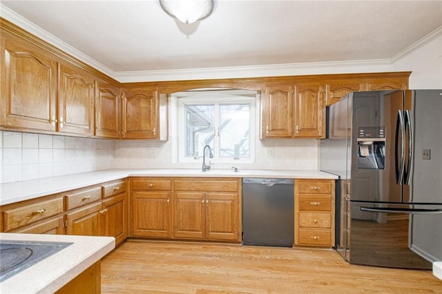 kitchen featuring brown cabinets, tasteful backsplash, stainless steel refrigerator with ice dispenser, and dishwasher