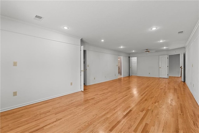 interior space with recessed lighting, visible vents, ornamental molding, and a ceiling fan