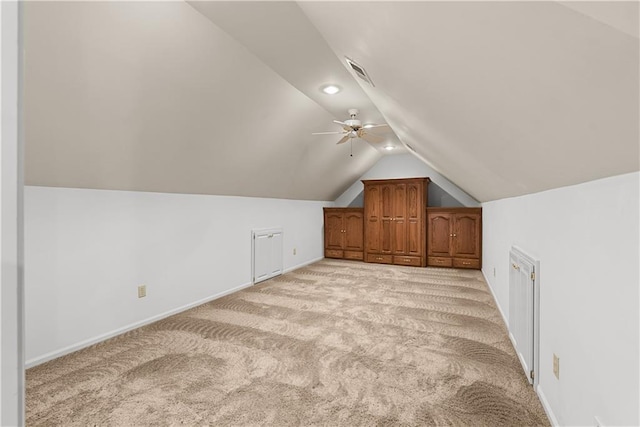 bonus room with visible vents, recessed lighting, light carpet, lofted ceiling, and baseboards