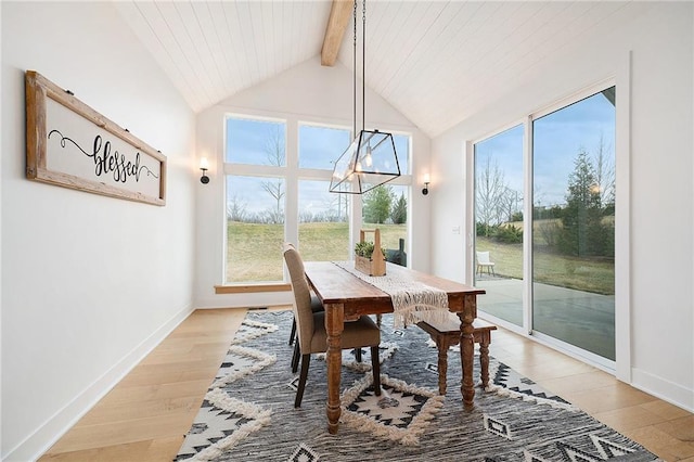 dining area featuring light wood-style flooring, an inviting chandelier, high vaulted ceiling, beamed ceiling, and baseboards