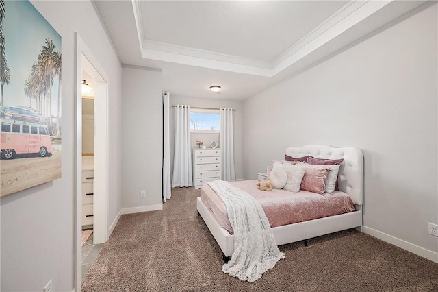 bedroom with ornamental molding, baseboards, a raised ceiling, and light colored carpet