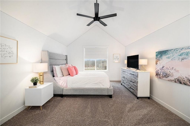 carpeted bedroom with lofted ceiling, ceiling fan, and baseboards