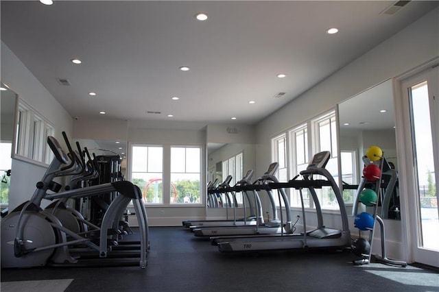 gym with visible vents and recessed lighting