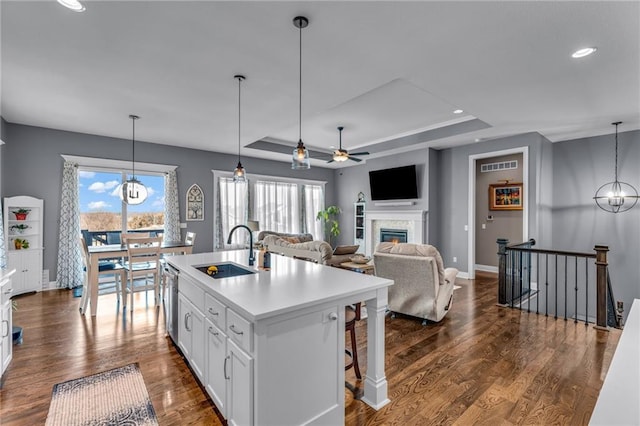 kitchen featuring white cabinets, dark wood-style floors, a raised ceiling, and a sink