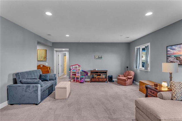 game room with baseboards, carpet flooring, and recessed lighting