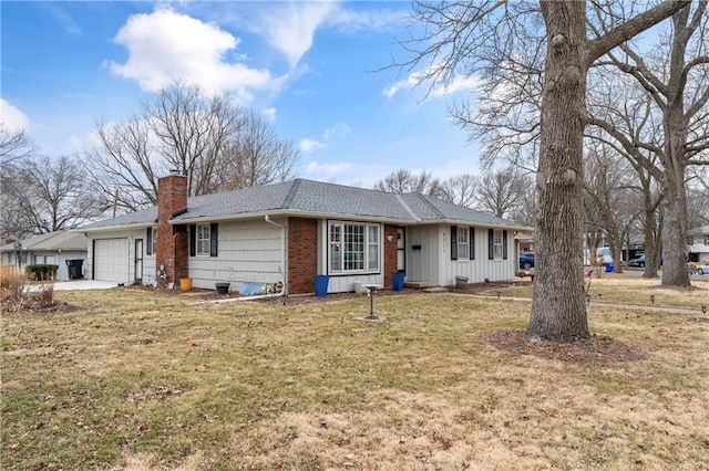 single story home featuring a garage, a chimney, roof with shingles, board and batten siding, and a front yard