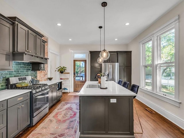 kitchen with visible vents, light countertops, appliances with stainless steel finishes, decorative backsplash, and dark wood-style floors