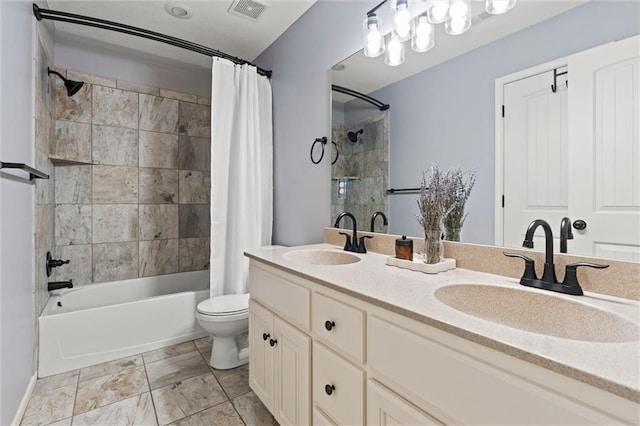 bathroom featuring a sink, shower / bath combo with shower curtain, toilet, and visible vents