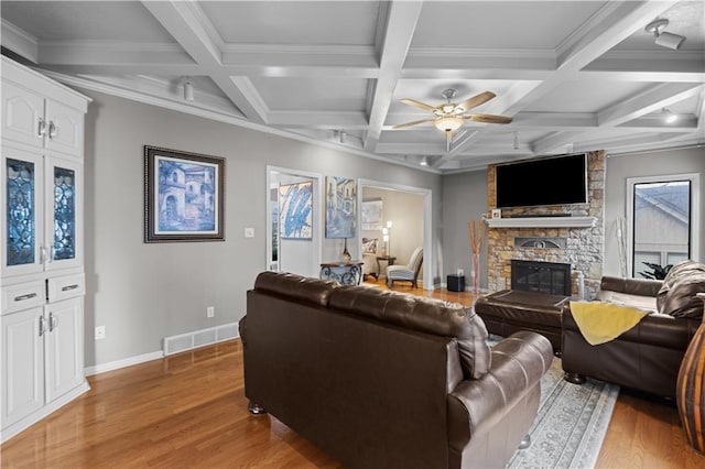 132 The Woodlands Dr, Gladstone, MO 64119 - living room featuring visible vents, beamed ceiling, baseboards, a fireplace, and light wood-style flooring