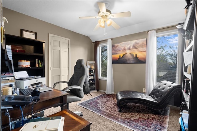 132 The Woodlands Dr, Gladstone, MO 64119 - home office featuring carpet flooring, baseboards, and a ceiling fan