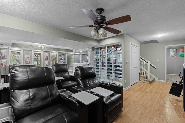 132 The Woodlands Dr, Gladstone, MO 64119 - cinema featuring a textured ceiling, light wood finished floors, baseboards, and ceiling fan