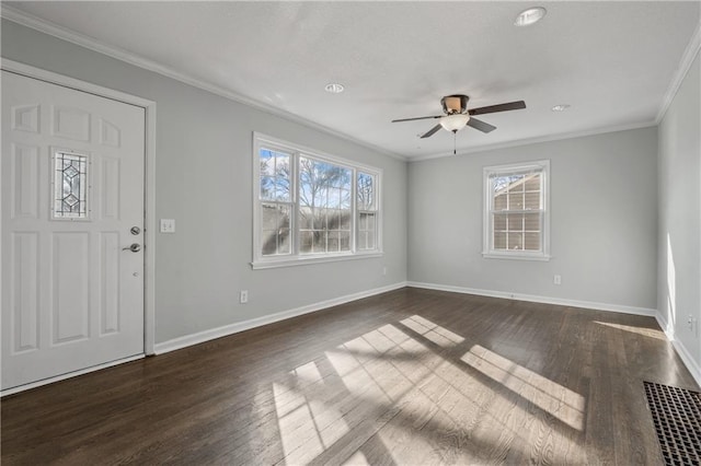 entrance foyer featuring visible vents, a ceiling fan, crown molding, baseboards, and dark wood-style flooring