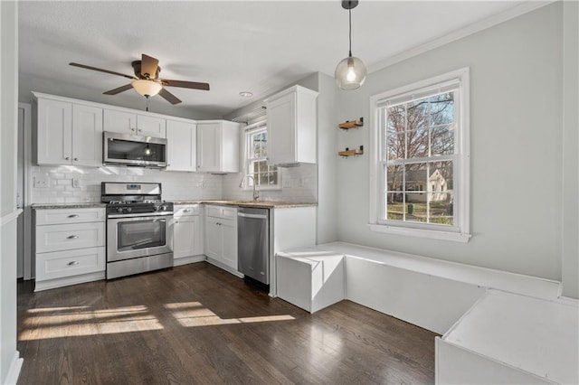 kitchen featuring backsplash, dark wood finished floors, stainless steel appliances, white cabinets, and ceiling fan