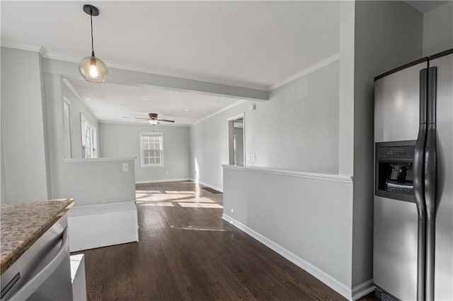 kitchen with dark wood-style floors, ceiling fan, stainless steel refrigerator with ice dispenser, and ornamental molding