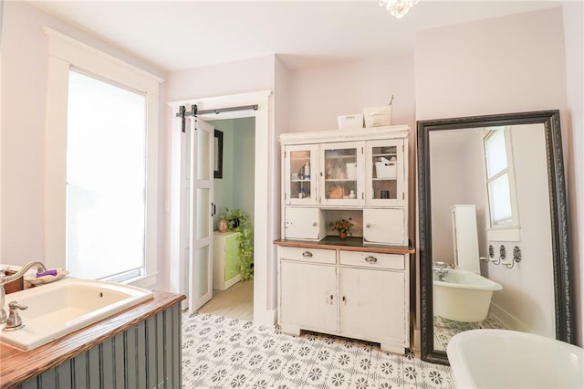 bathroom featuring a soaking tub, plenty of natural light, and vanity