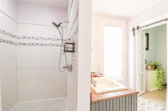 full bathroom featuring a stall shower, a sink, and wood finished floors