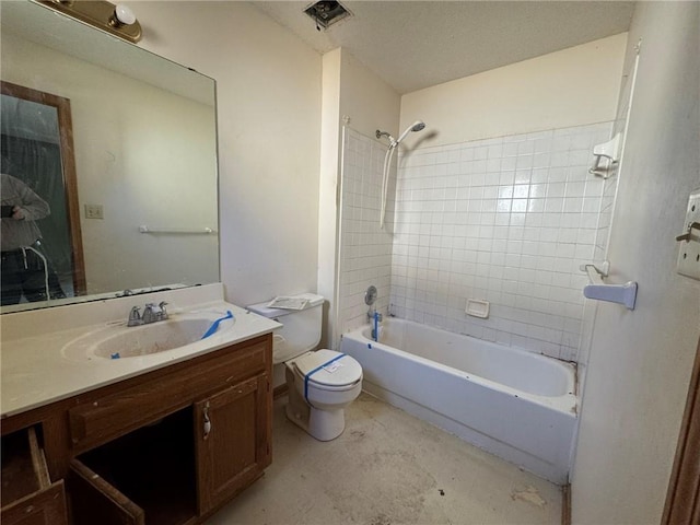 full bath with unfinished concrete flooring, visible vents, shower / bathing tub combination, toilet, and vanity