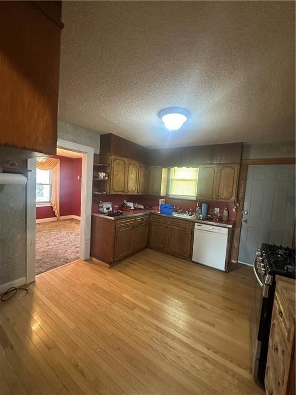 kitchen featuring light wood finished floors, a wealth of natural light, dishwasher, and gas stove