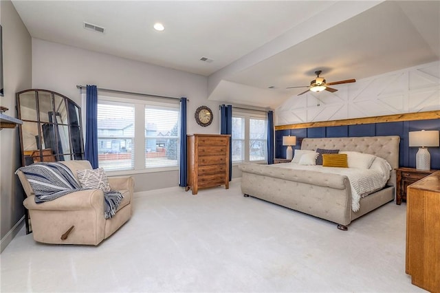 carpeted bedroom featuring a ceiling fan, recessed lighting, visible vents, and baseboards